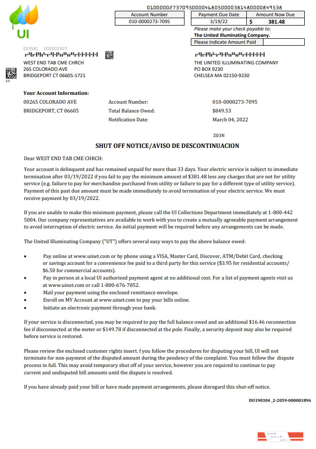 USA Massachusetts Chelsea The United Illuminating Company utility bill shutoff notice, Word and PDF template